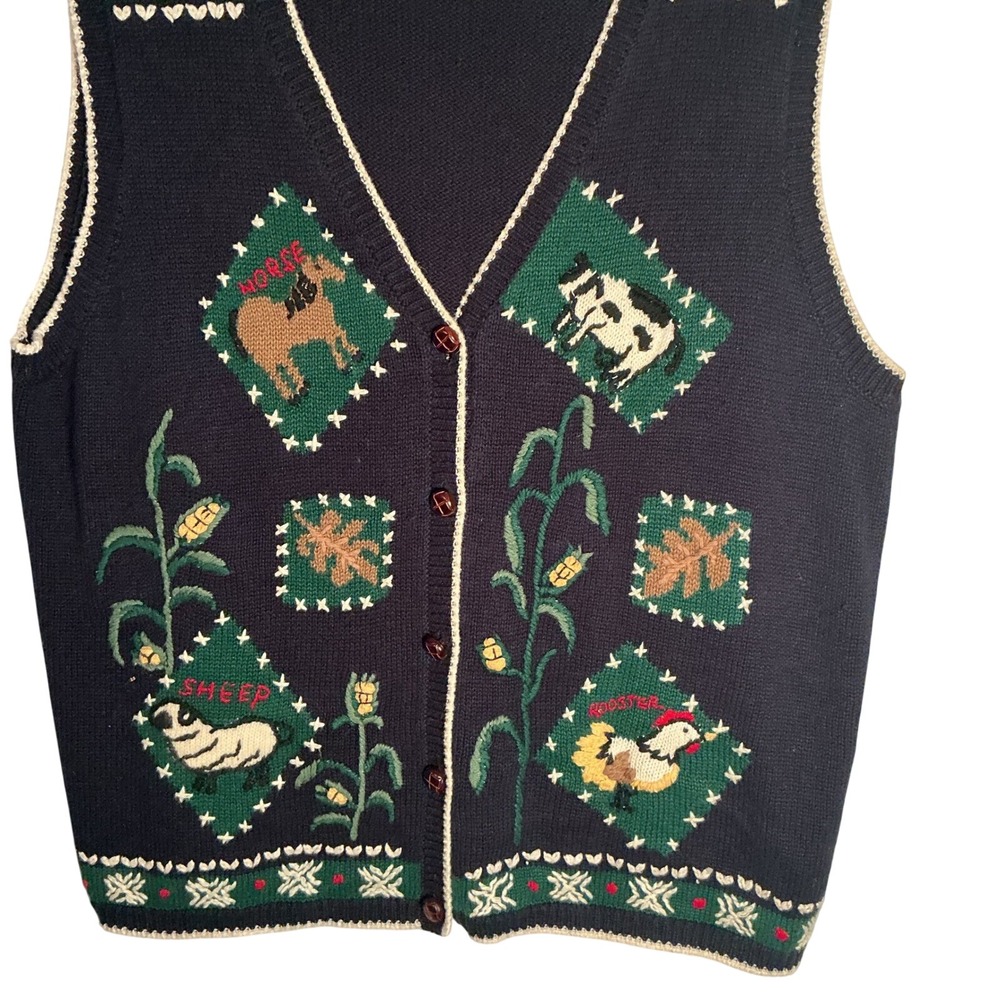 Capacity Woman Vintage Farm Animal Knit Sweater Vest Navy Blue 1X Hors Cow Sheep - Picture 3 of 9